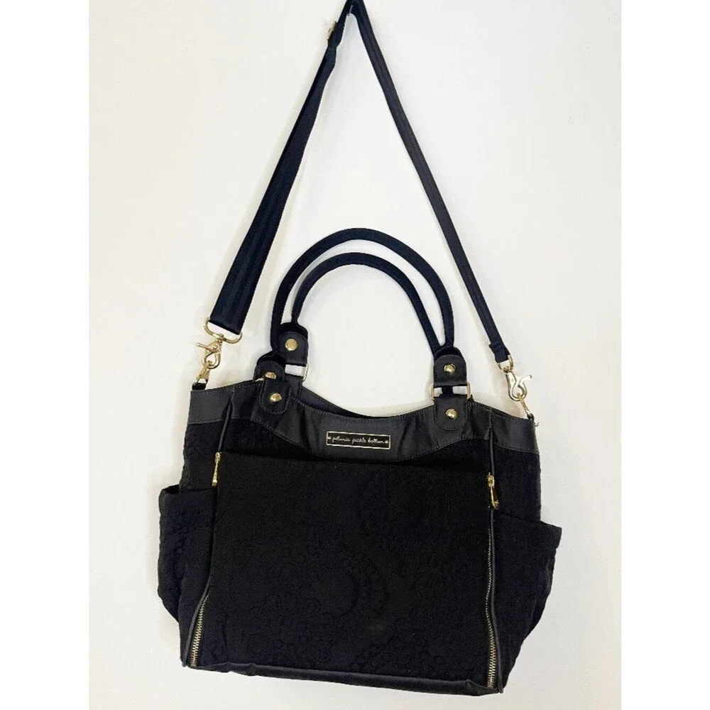 Petunia Pickle Bottom Black Embroidered Diaper Bag Convertible Tote Crossbody